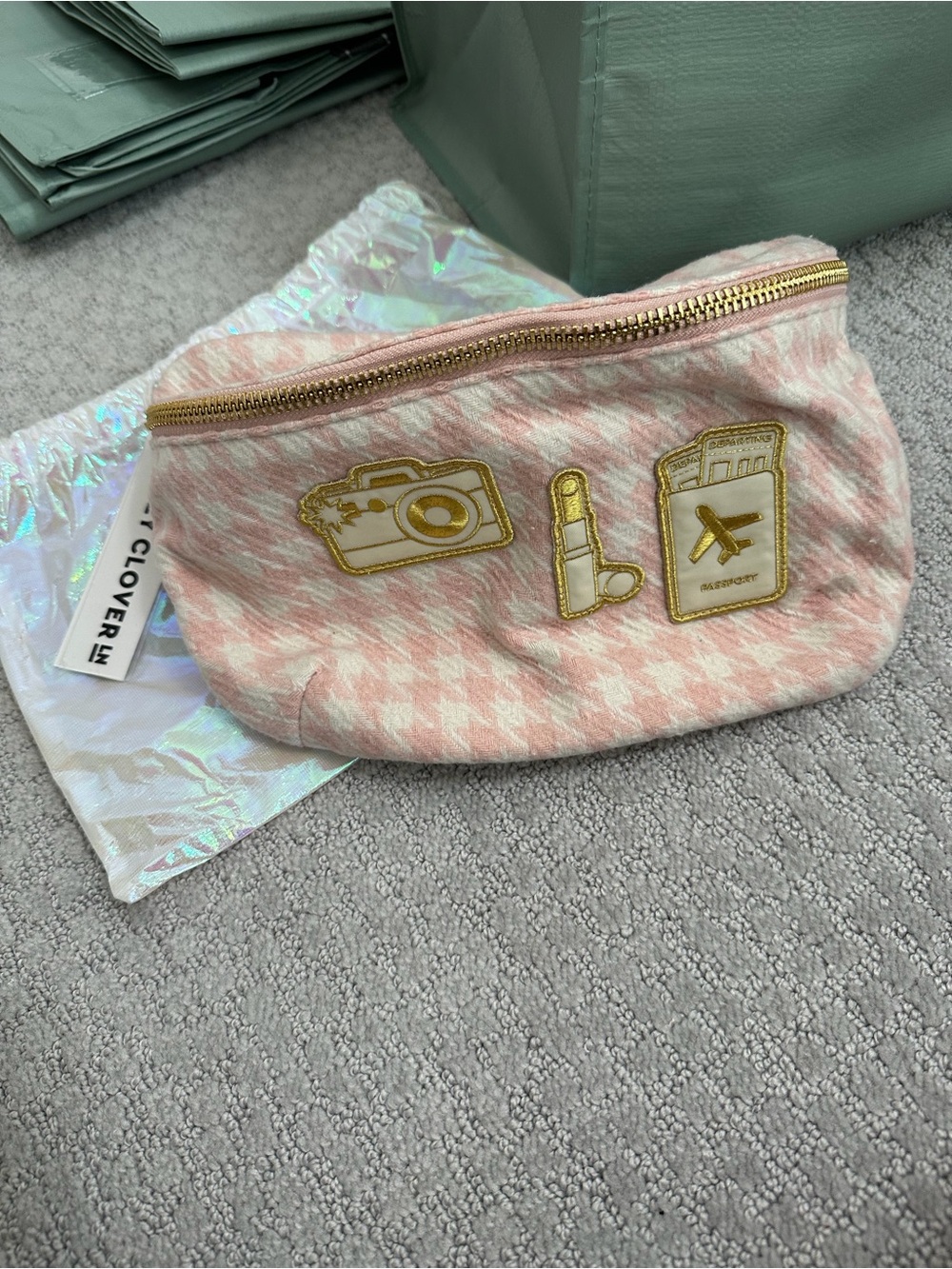 NEW with tags Stoney Clover Lane pink Houndstooth Fanny Gold patches